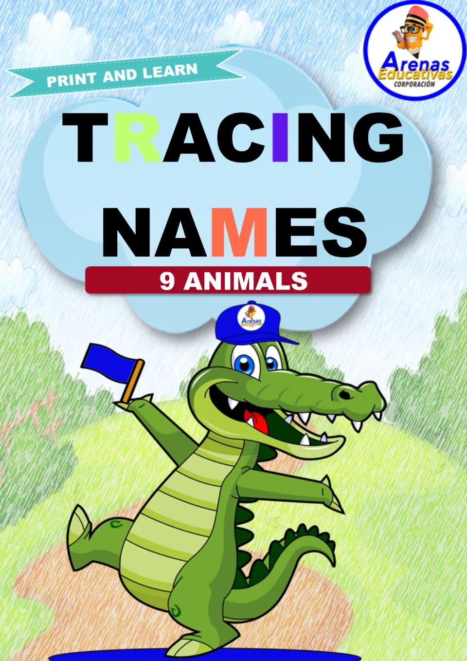 Cover of the bilingual animal name tracing resource, labeled 'Print and Learn,' 'Tracing Names' and '9 Animals'.