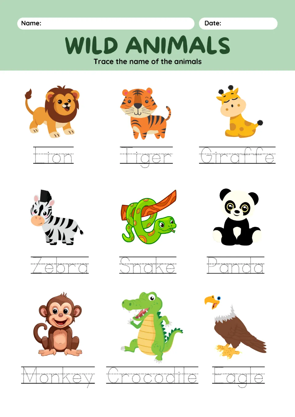 English animal name tracing exercise: Lion, Tiger, Giraffe, Zebra, Snake, Panda, Monkey, Crocodile and Eagle.