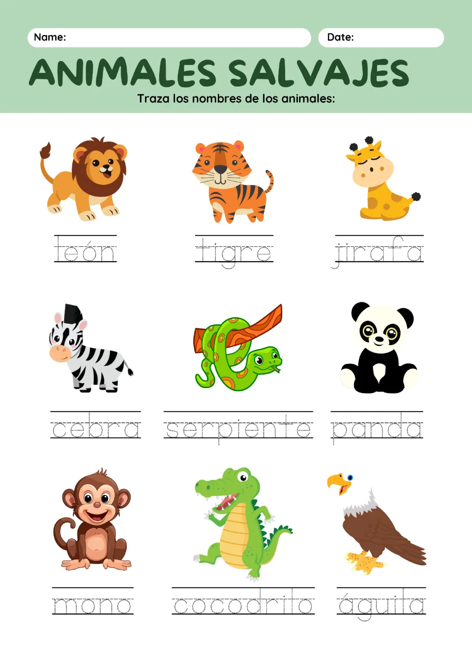 Spanish animal name tracing exercise: león (lion), tigre (tiger), jirafa (giraffe) and six more pictured animals.