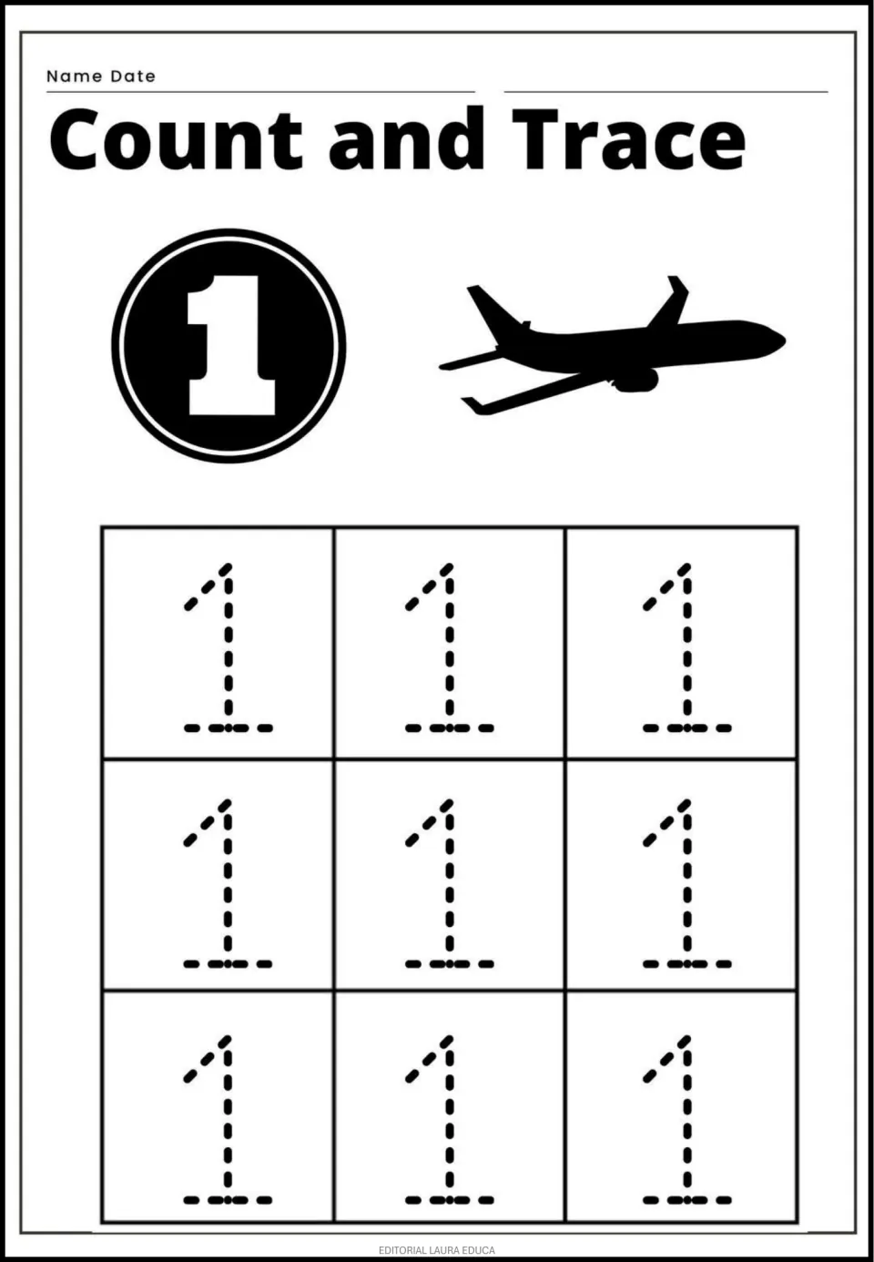 Number 1 count and trace: students count one airplane, then trace a dotted numeral 1 nine times to practise writing it