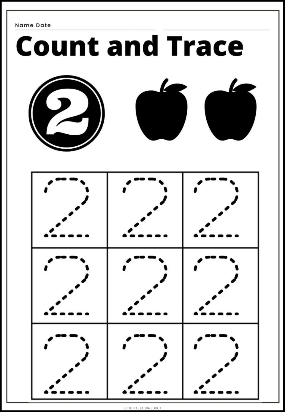 Number 2 practice: learners count two apples and follow dashed strokes to form the numeral 2 in each of nine squares
