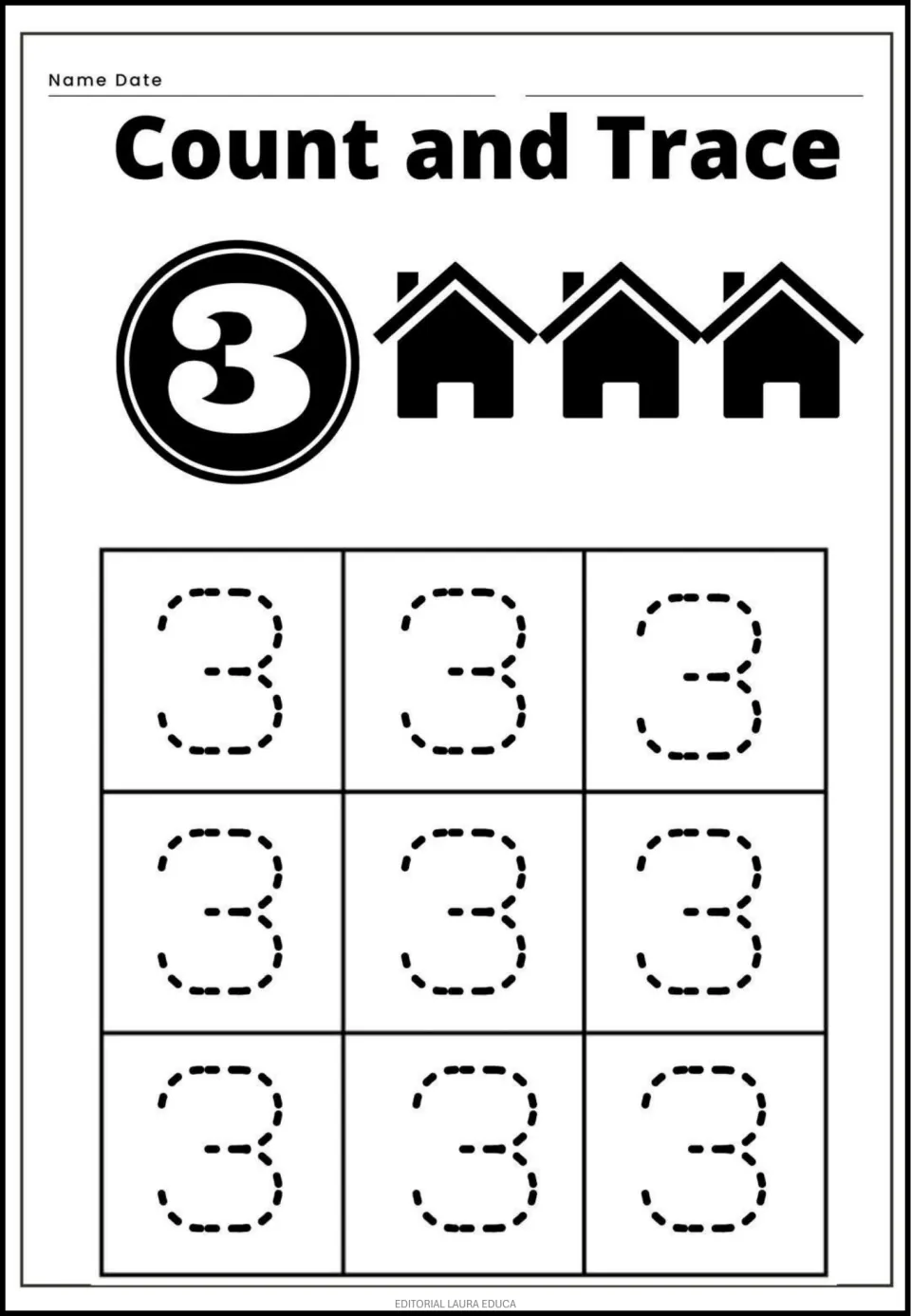 Numeral 3 page: children count three houses, then go over nine dashed 3s to build correct number formation