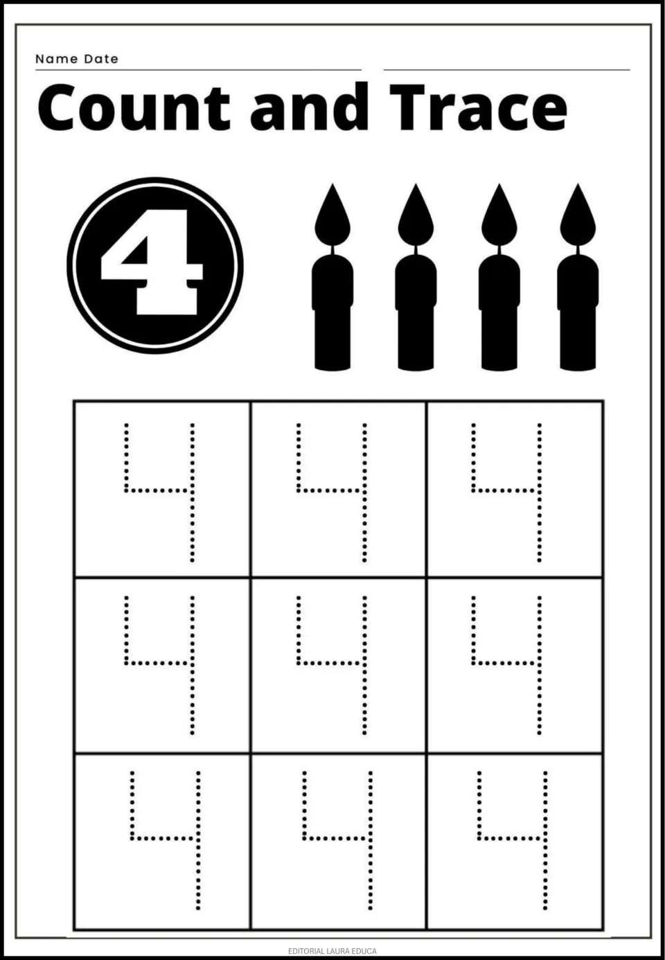 Number 4 count and write: four candles to count beside a circled 4, plus nine dotted 4s for pencil tracing