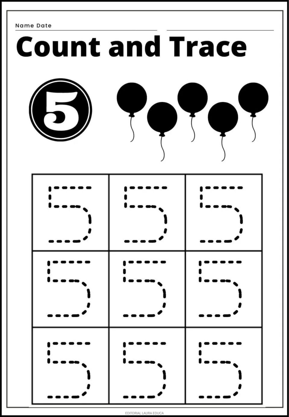 Numeral 5 practice: students count five balloons and trace a dashed 5 nine times, linking the set to the written digit