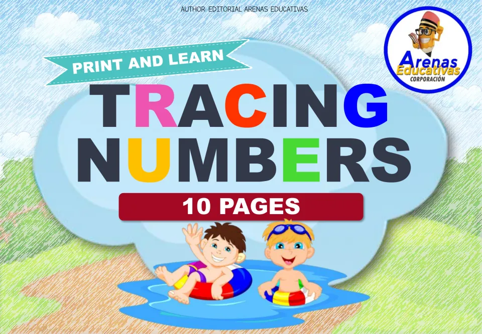 Tracing Numbers cover by Editorial Arenas Educativas: a Print and Learn set of 10 pages, with two kids in swim rings