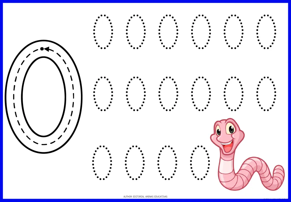 Number 0 formation: students follow the arrow around a large 0, then trace 16 dotted zeros beside a smiling pink worm