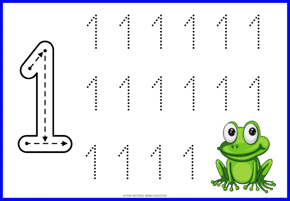 Number 1 formation: students follow the arrows for the slant, down stroke and base of a big 1, then trace 16 dotted ones