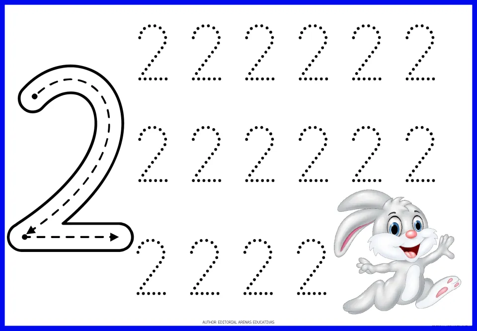 Number 2 formation: students follow the curved arrow and base stroke of a large 2, then trace 16 dotted twos by a bunny