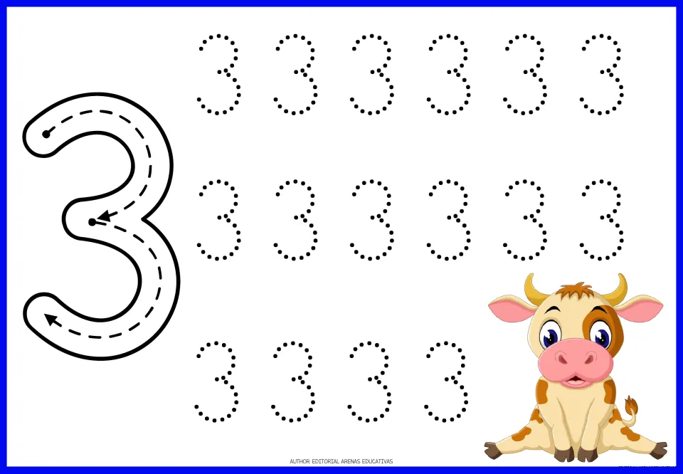 Number 3 formation: students follow the two curved arrows of a big 3 from top to bottom, then trace 16 dotted threes