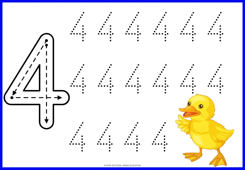 Number 4 formation: students follow arrows for the slant, crossbar and down stroke of a big 4, then trace 16 dotted fours