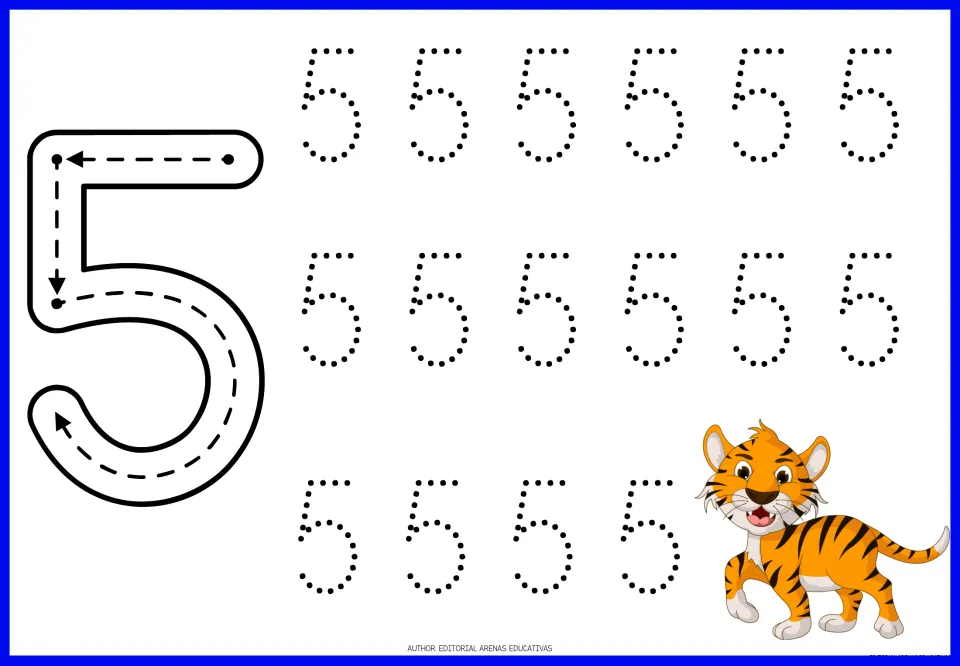Number 5 formation: students follow arrows for the top bar, down stroke and belly of a big 5, then trace 16 dotted fives