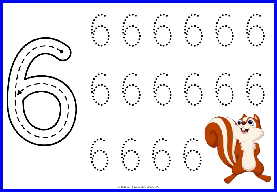 Number 6 formation: students follow the arrow down and around into the loop of a large 6, then trace 16 dotted sixes