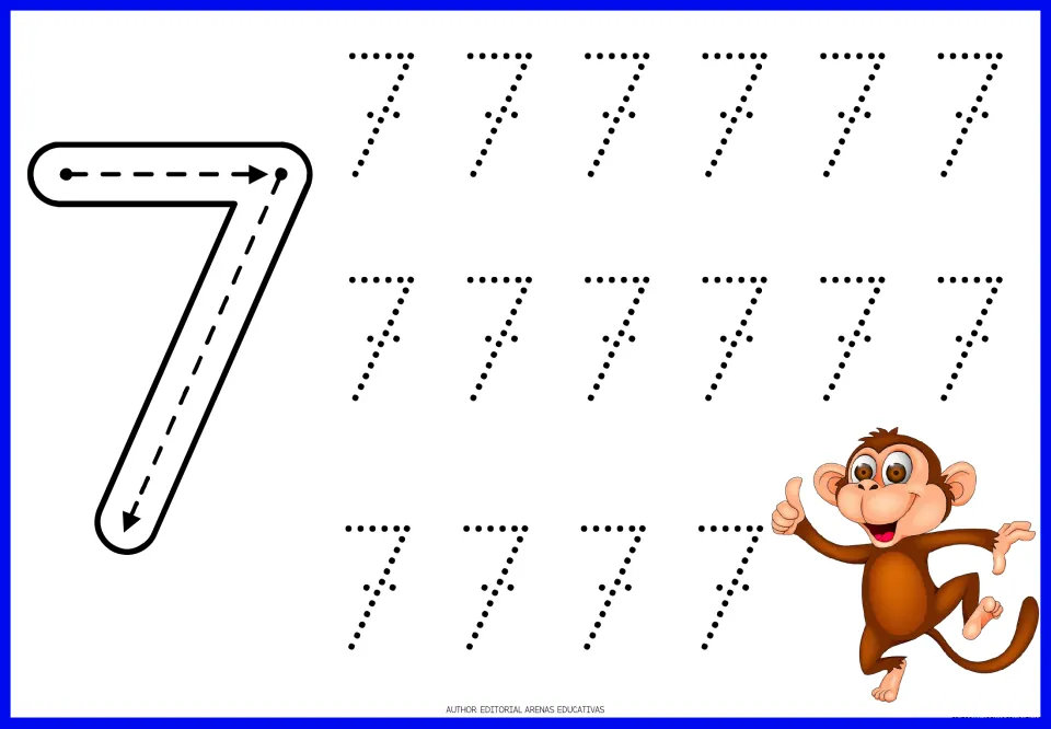 Number 7 formation: students follow arrows across the top and down the slant of a big 7, then trace 16 dotted sevens