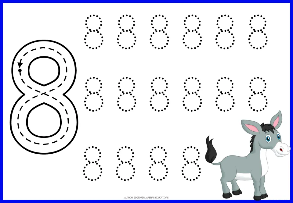 Number 8 formation: students follow the S-curve arrow that crosses back up to close a big 8, then trace 16 dotted eights