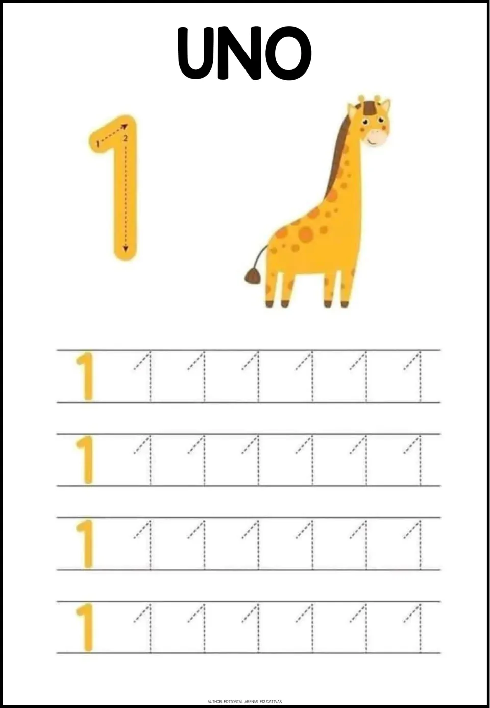 Number 1 tracing worksheet: UNO (one), one giraffe, a numeral formation guide, and repeated 1s to trace