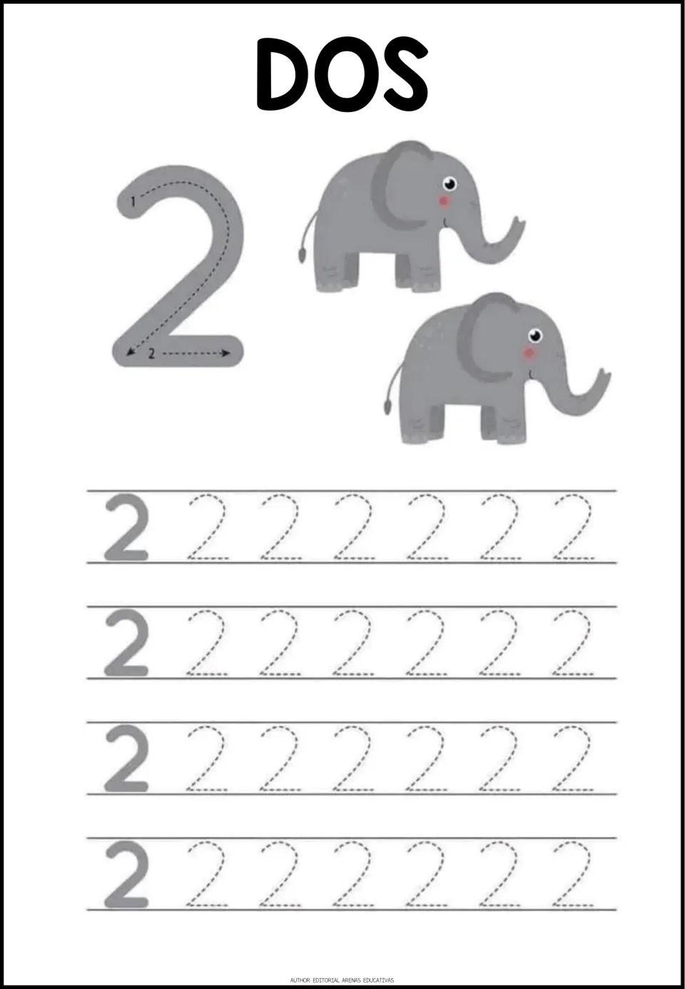 Number 2 tracing worksheet: DOS (two), two elephants, a numeral formation guide, and repeated 2s to trace