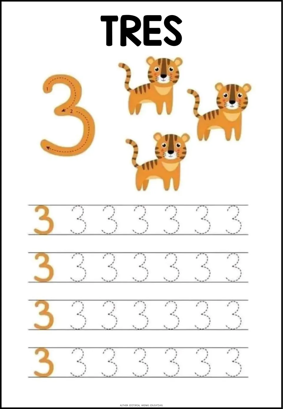 Number 3 tracing worksheet: TRES (three), three tigers, a numeral formation guide, and repeated 3s to trace