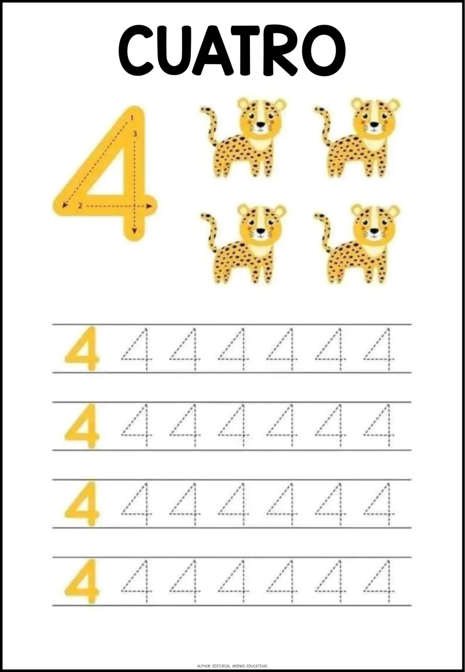 Number 4 tracing worksheet: CUATRO (four), four spotted cats, a formation guide, and repeated 4s to trace