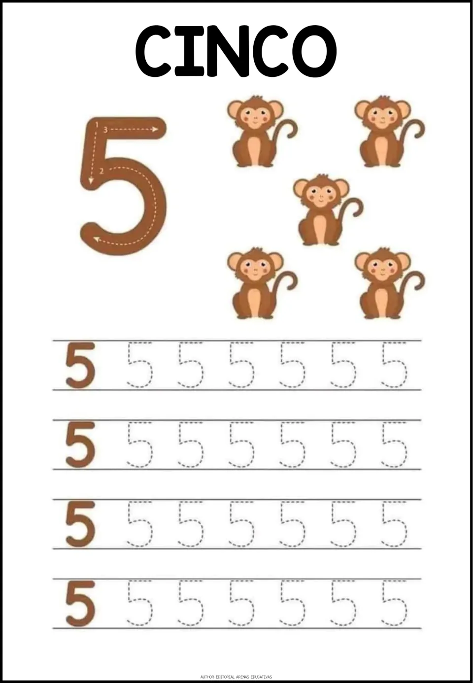 Number 5 tracing worksheet: CINCO (five), five monkeys, a numeral formation guide, and repeated 5s to trace