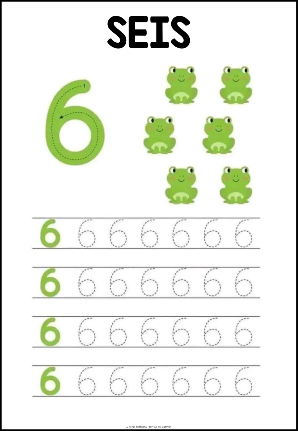 Number 6 tracing worksheet: SEIS (six), six frogs, a numeral formation guide, and repeated 6s to trace