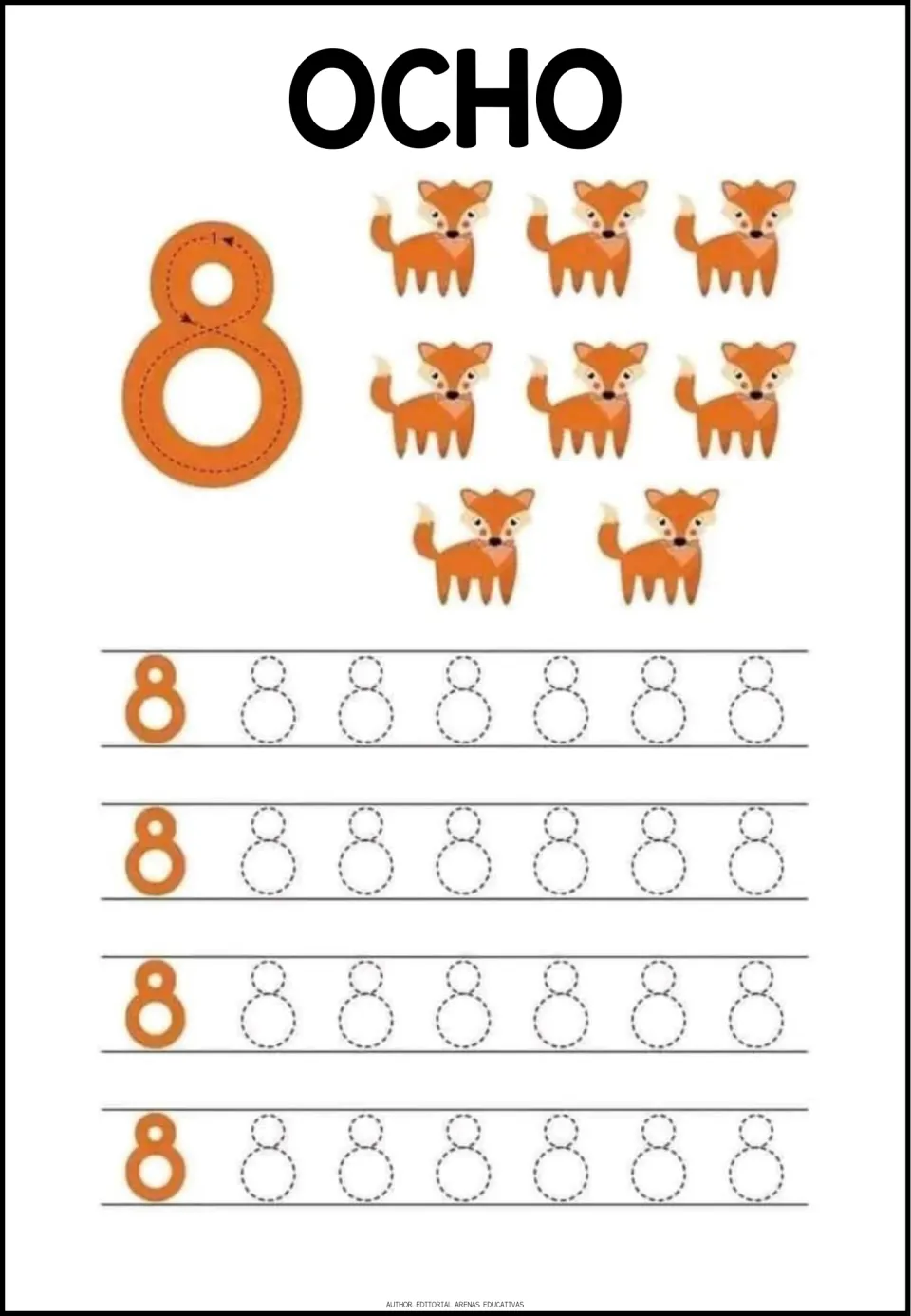Number 8 tracing worksheet: OCHO (eight), eight foxes, a numeral formation guide, and repeated 8s to trace