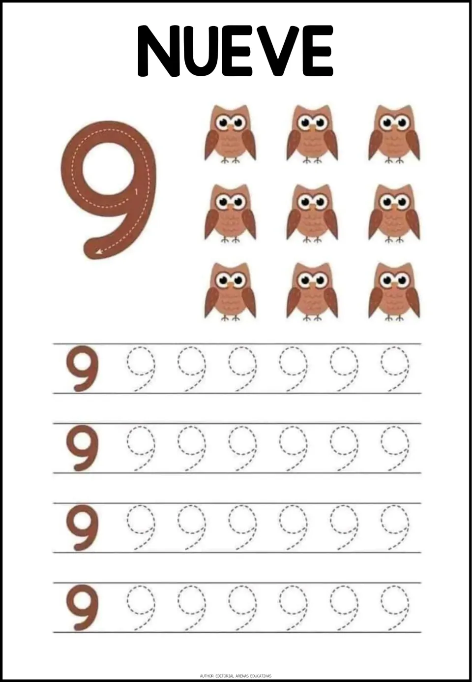 Number 9 tracing worksheet: NUEVE (nine), nine owls, a numeral formation guide, and repeated 9s to trace