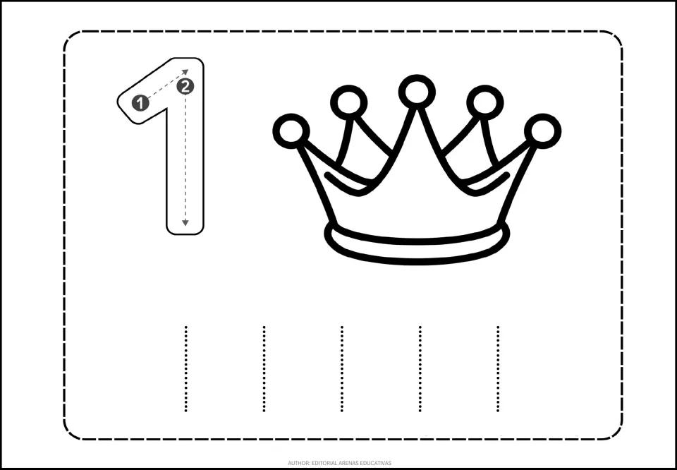 Number 1 tracing practice: a large numeral with stroke-direction arrows, one crown, and five dotted 1s