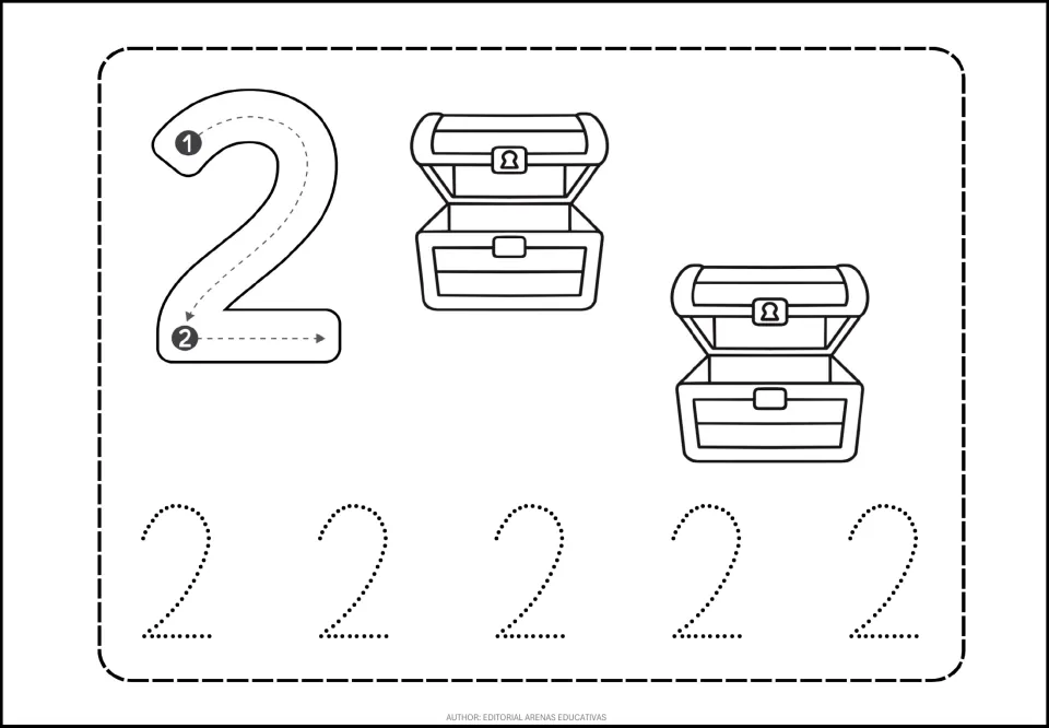 Number 2 tracing practice: a numeral with stroke-direction arrows, two treasure chests, and five dotted 2s