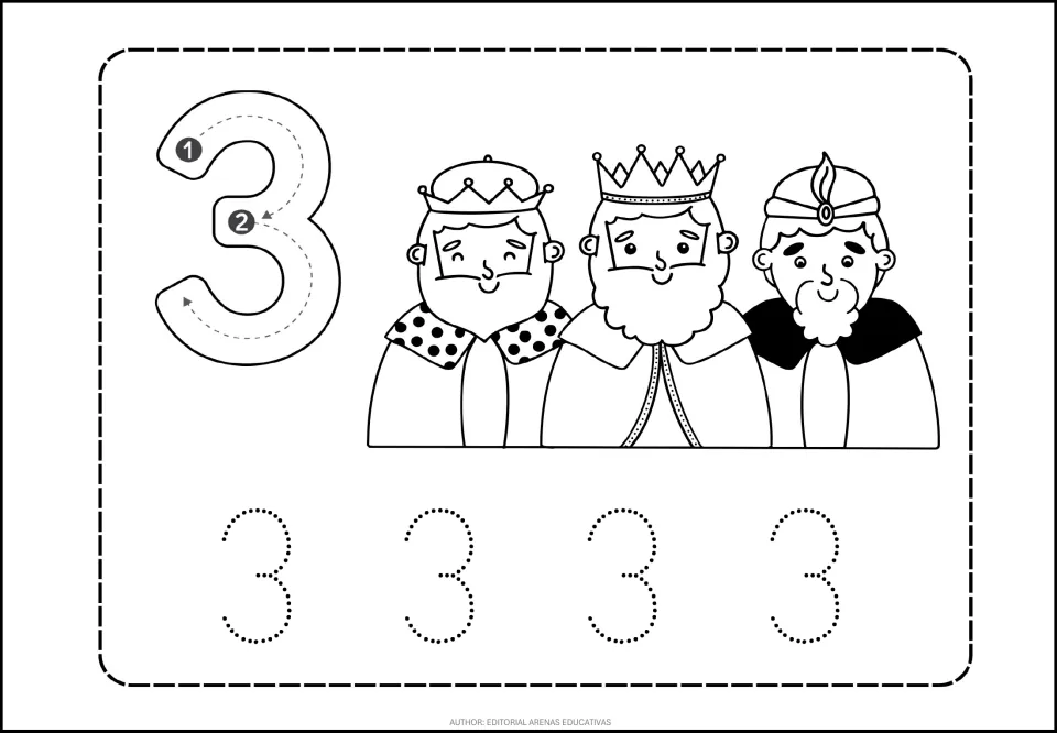 Number 3 tracing practice: a large numeral with stroke-direction arrows, three kings, and four dotted 3s