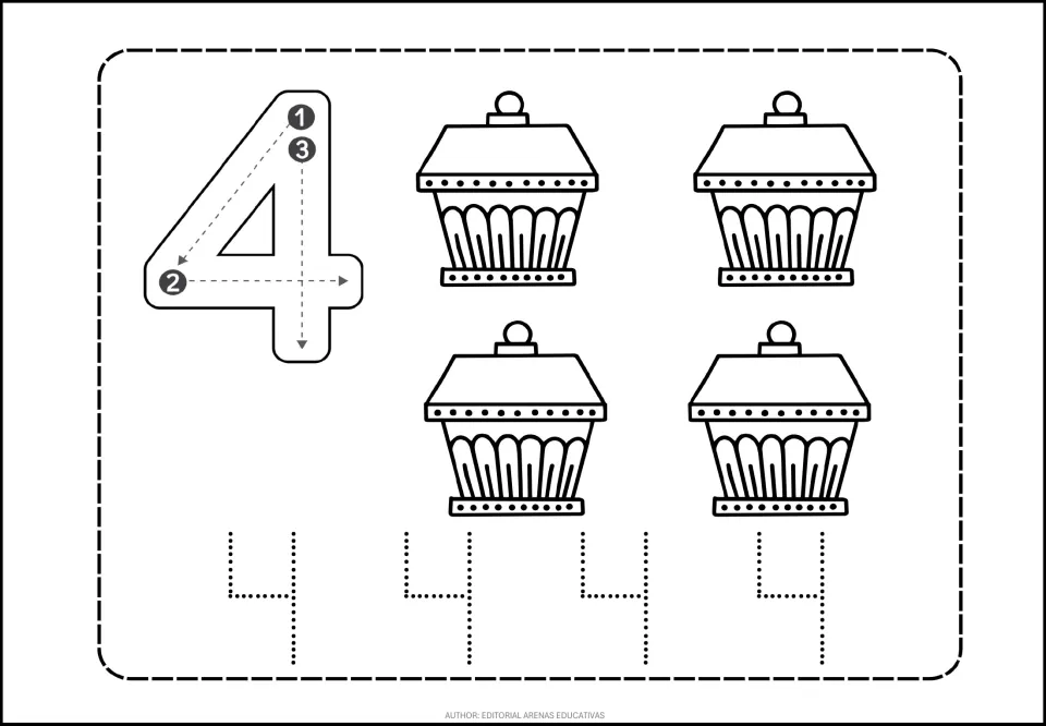 Number 4 tracing practice: a large numeral with stroke-direction arrows, four containers, and four dotted 4s