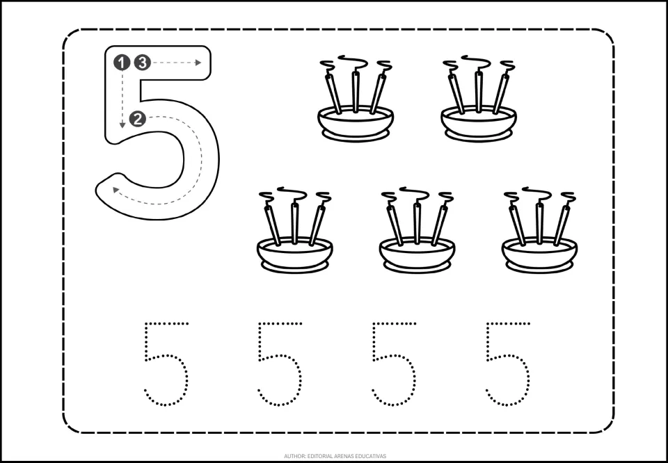 Number 5 tracing practice: a numeral with stroke-direction arrows, five incense holders, and four dotted 5s