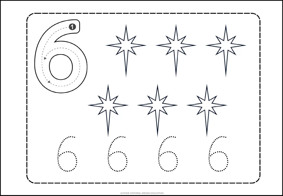 Number 6 tracing practice: a large numeral with stroke-direction arrows, six stars, and four dotted 6s