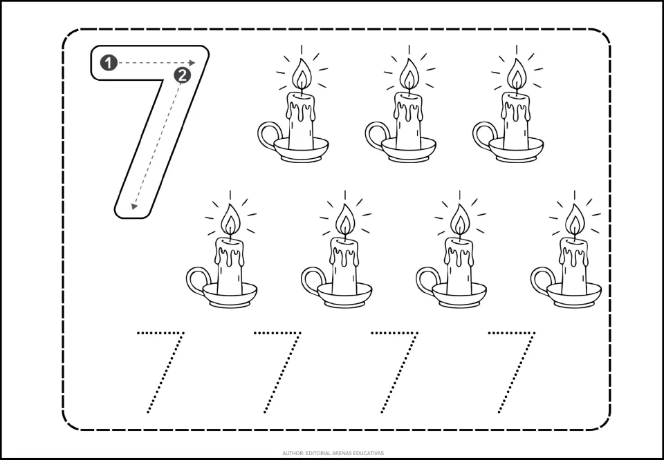 Number 7 tracing practice: a large numeral with stroke-direction arrows, seven candles, and four dotted 7s