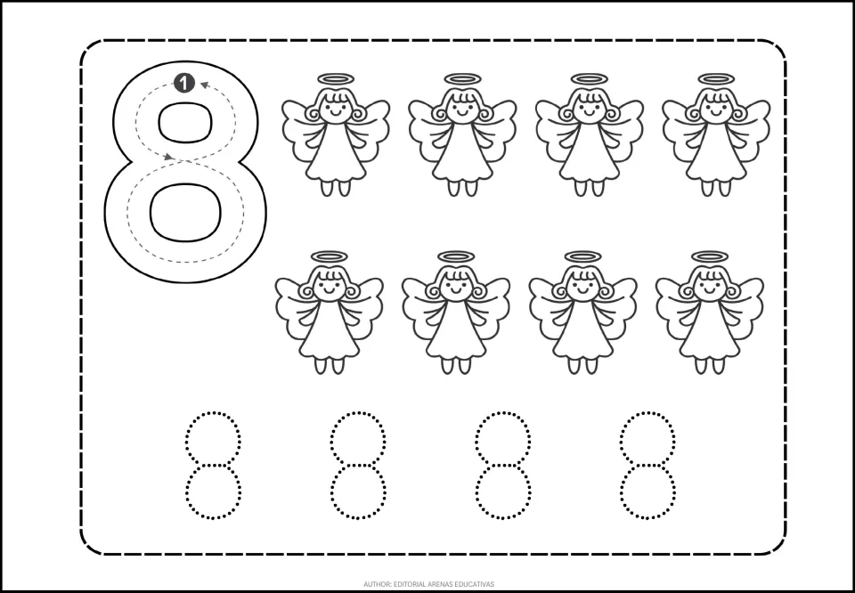 Number 8 tracing practice: a large numeral with stroke-direction arrows, eight angels, and four dotted 8s