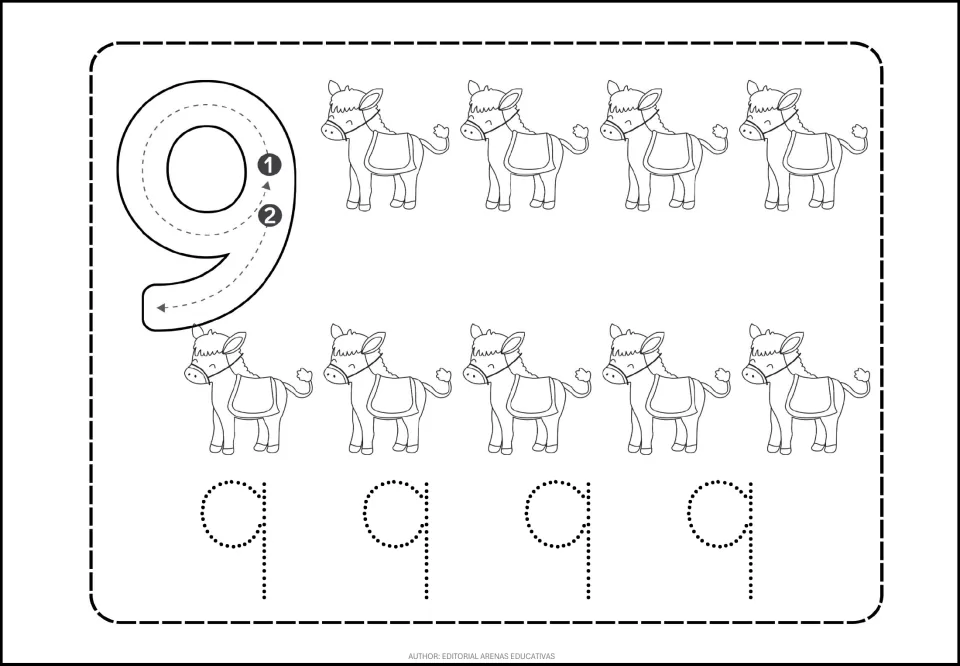 Number 9 tracing practice: a large numeral with stroke-direction arrows, nine donkeys, and four dotted 9s