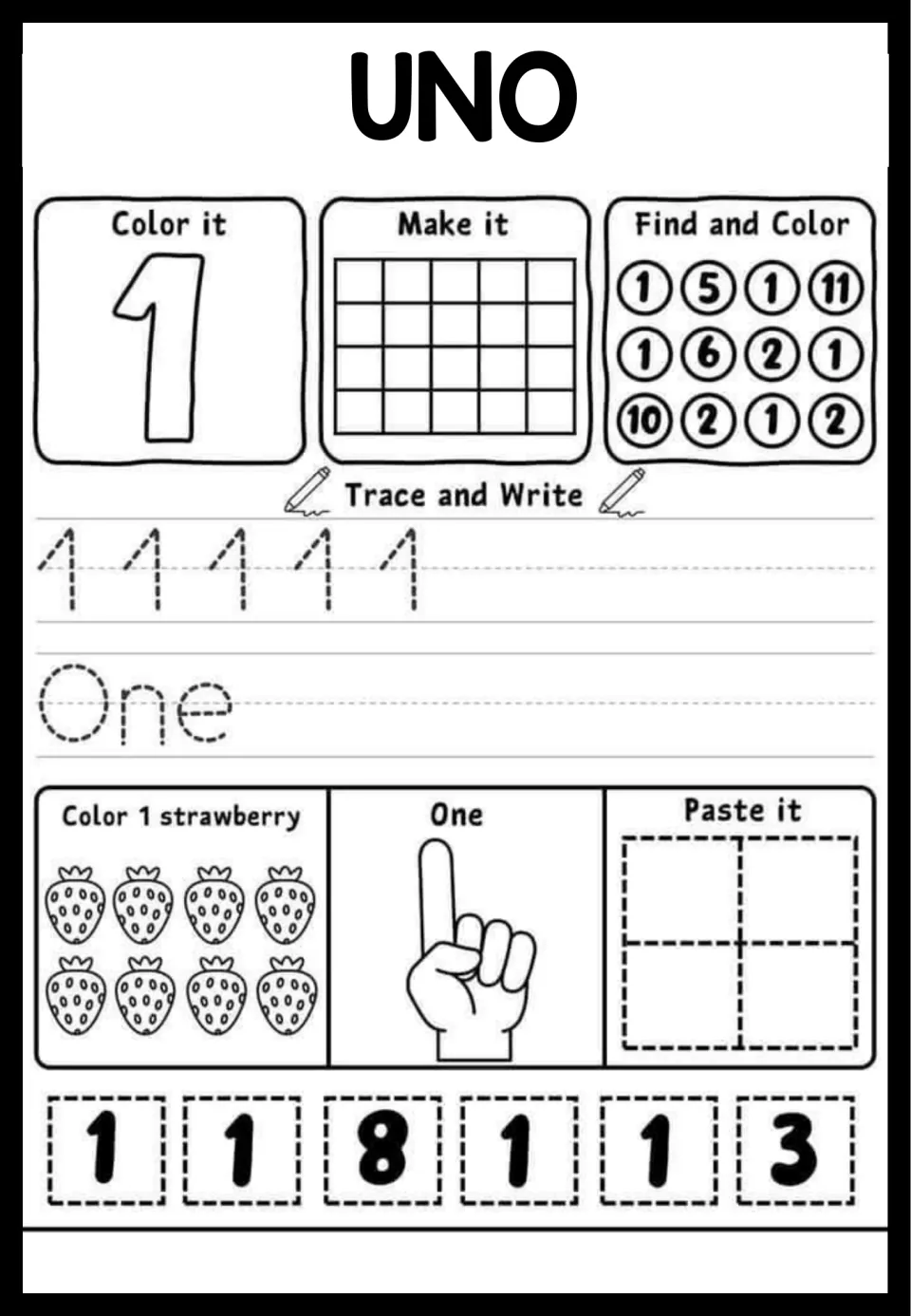 UNO, number 1: students color it, trace 1 and the word One, color 1 strawberry and find the 1s among other numbers