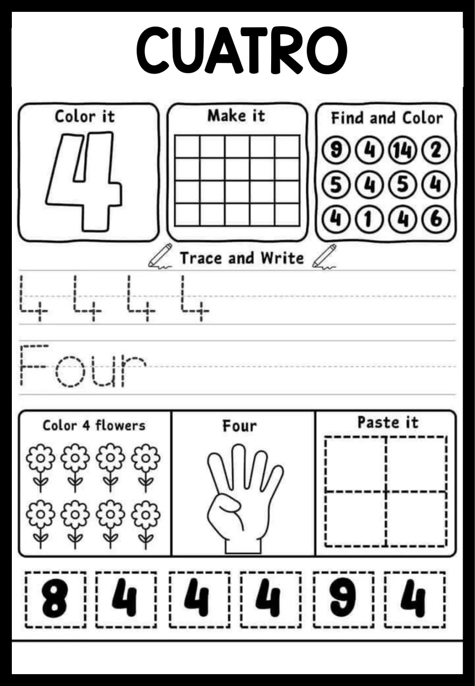CUATRO, number 4: students trace 4 and Four, color 4 flowers, match a four-finger hand and paste the 4s from the strip