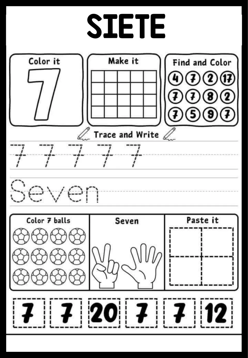 SIETE, number 7: students color 7 soccer balls, trace 7 and the word Seven and find every 7 among circled numbers up to 17
