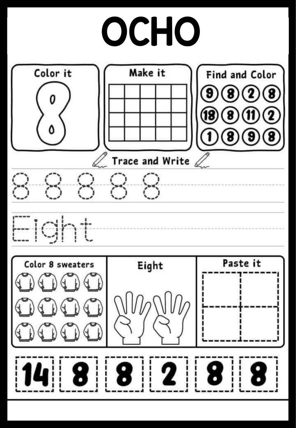 OCHO, number 8: students trace 8 and Eight, color 8 sweaters, count eight fingers on two hands and cut out the 8s to paste