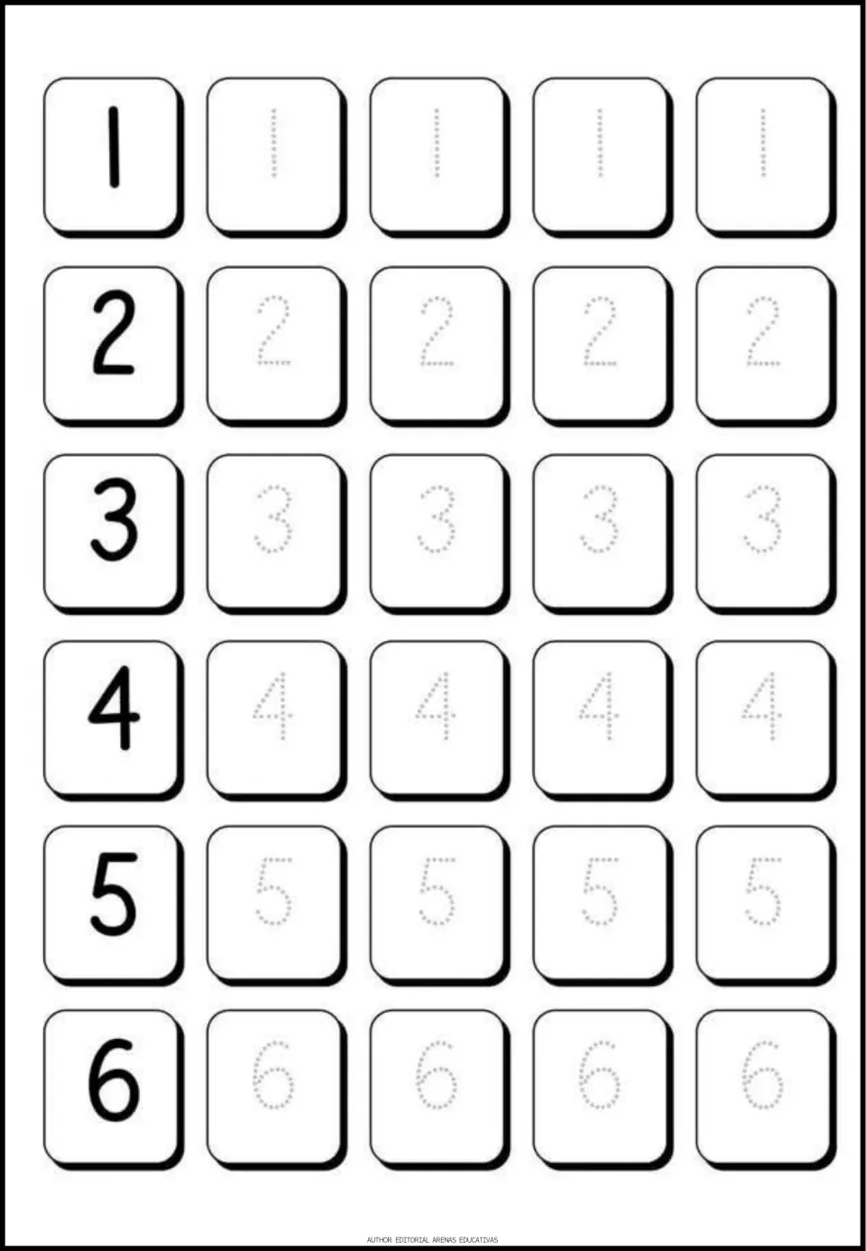 Numbers 1 to 6 tracing practice: students copy each bold model numeral by tracing four dotted versions beside it