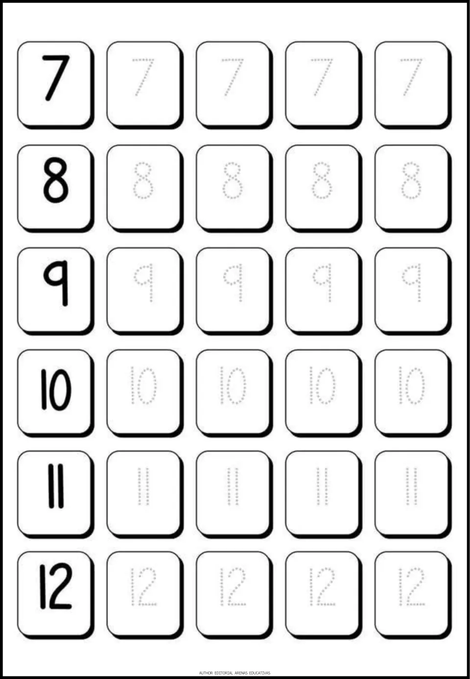 Numbers 7 to 12 tracing practice: after each solid model numeral, students trace the dotted copies four times