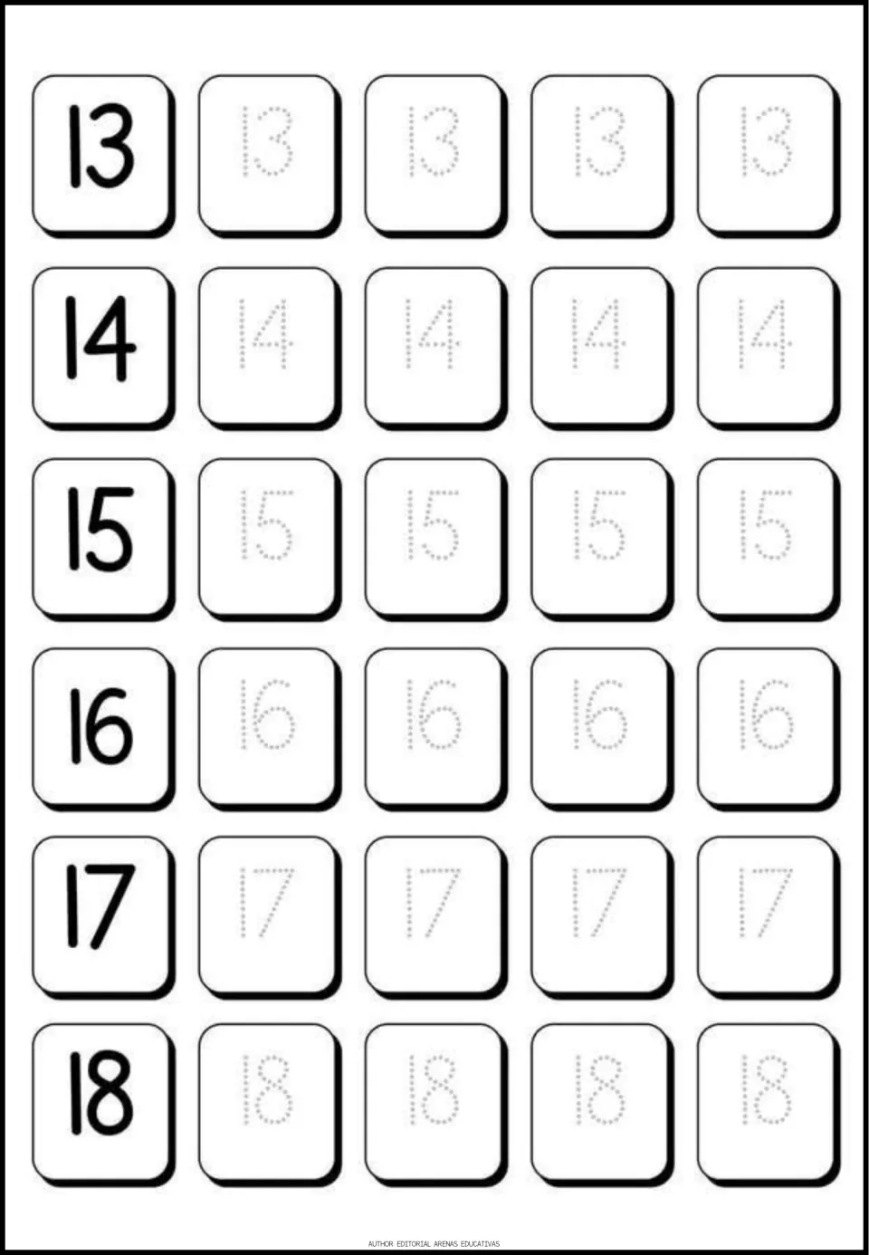 Teen numbers 13 to 18: students trace four dotted copies of each two-digit numeral to practise numeral formation
