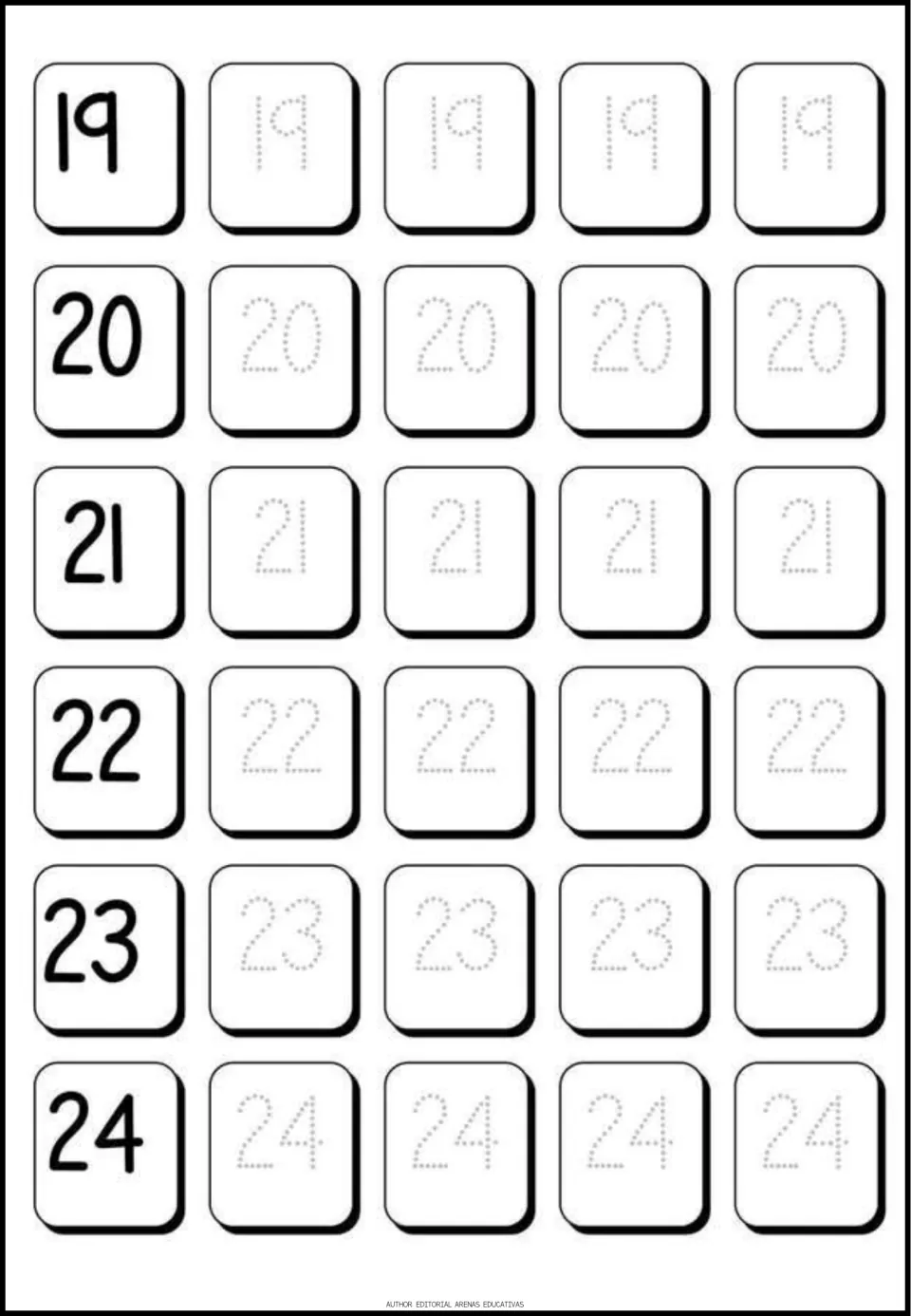 Numbers 19 to 24 handwriting: students trace dotted 19, 20, 21, 22, 23 and 24 four times each after the model