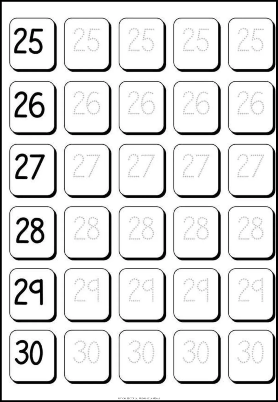 Numbers 25 to 30 handwriting: dotted numerals 25 through 30 for students to trace four times next to a bold model