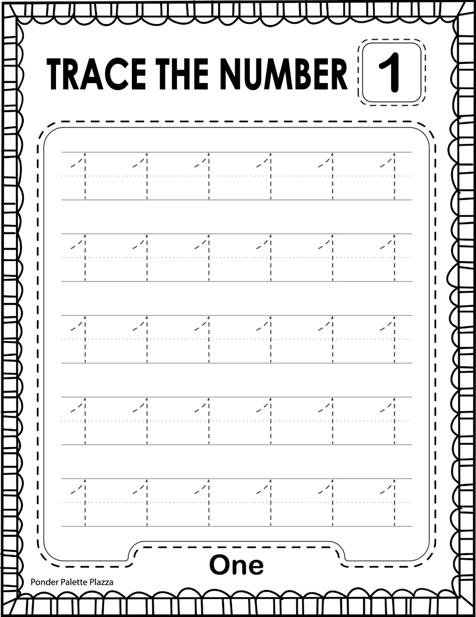 Trace the Number 1: students trace 30 dashed 1s on handwriting lines to practise numeral writing; labeled One