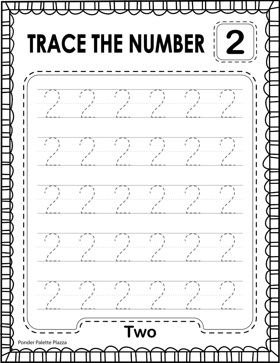Trace the Number 2: students follow 30 dashed 2s, practising the curve and flat base of the numeral; labeled Two