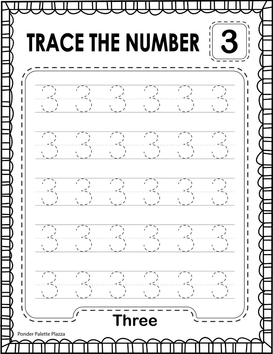 Trace the Number 3: students trace 30 dashed 3s to practise forming its two curves, with the number word Three