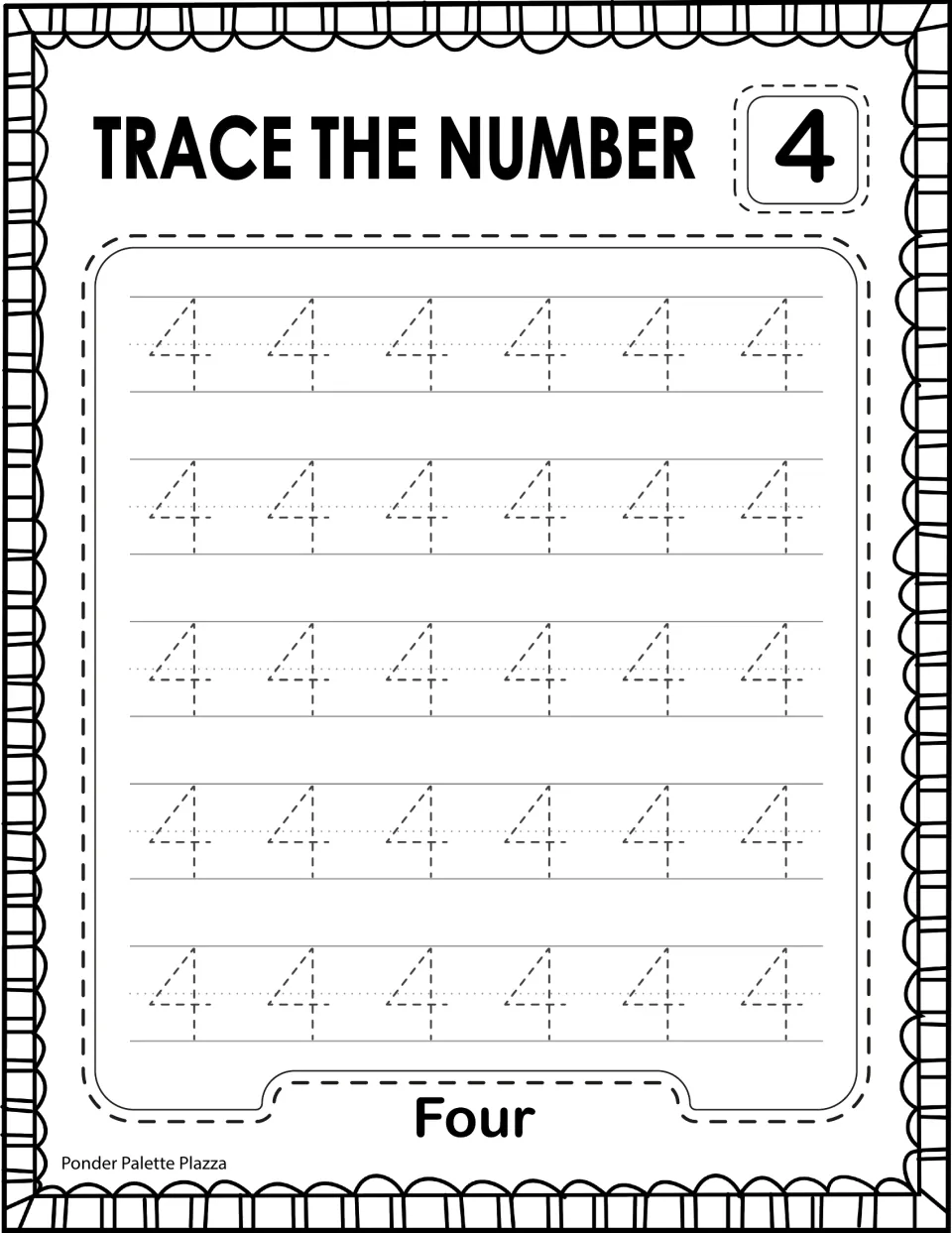Trace the Number 4: students trace 30 dashed 4s, practising the slanted, straight and crossing strokes; labeled Four
