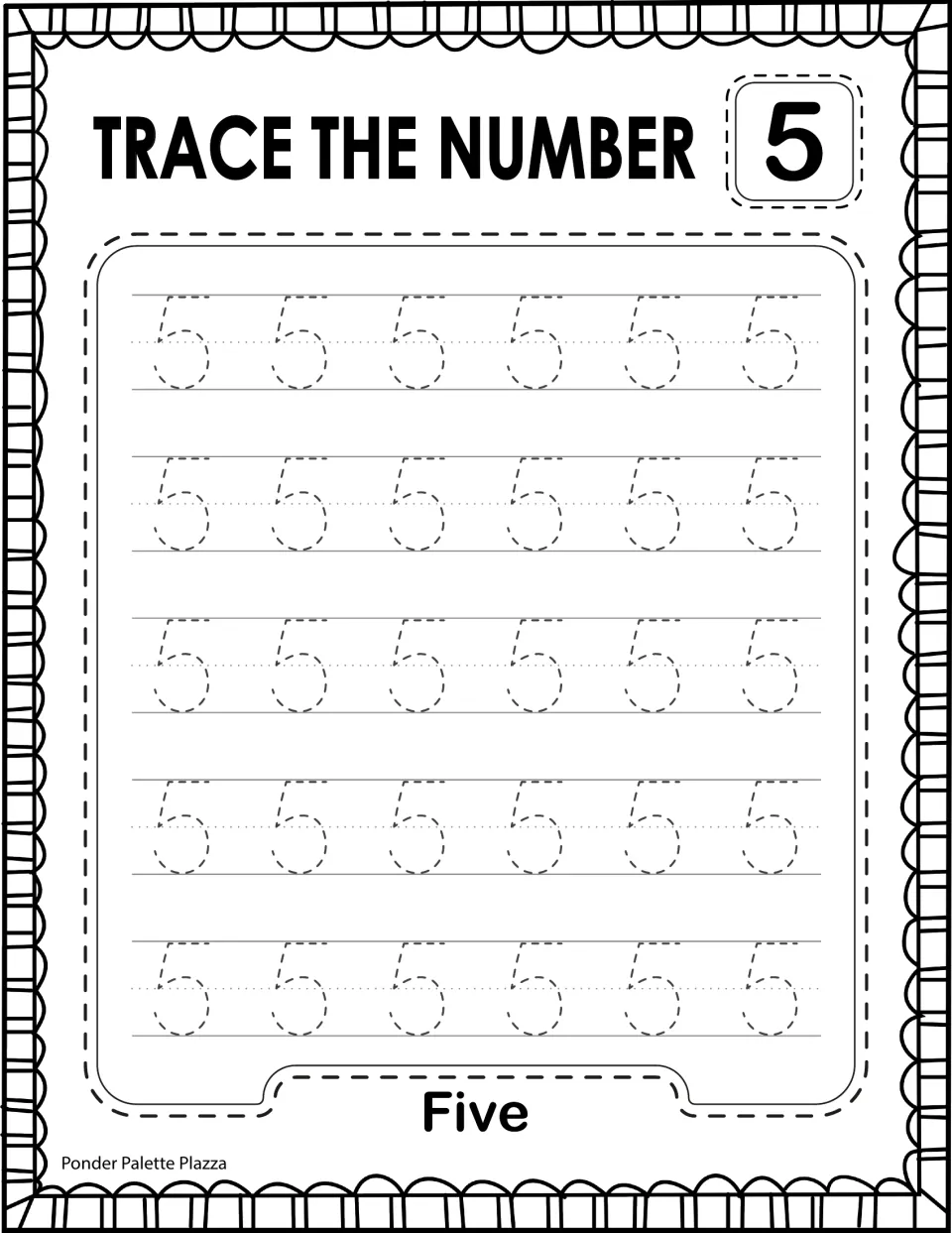 Trace the Number 5: students trace 30 dashed 5s to practise writing the numeral five, shown with the word Five