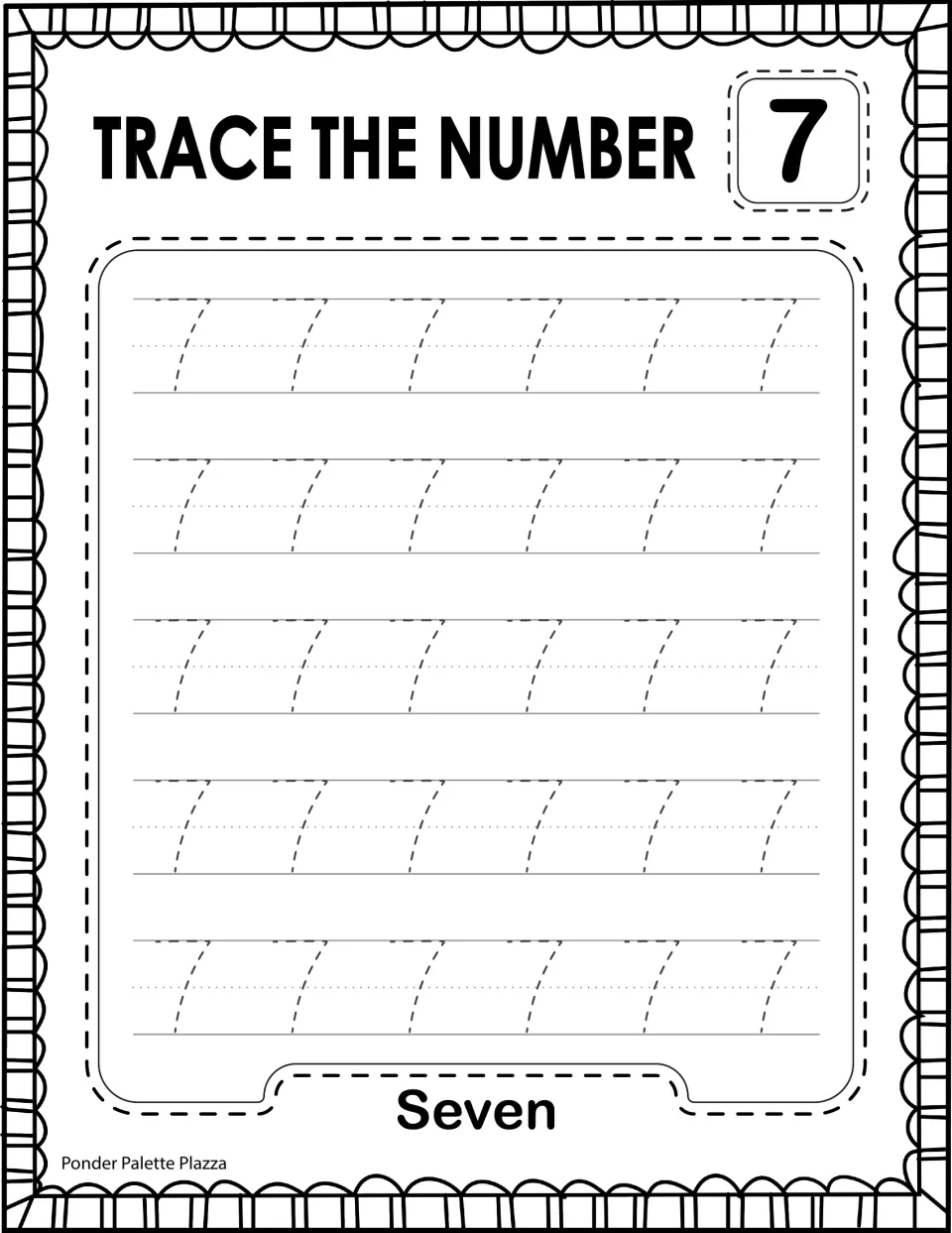 Trace the Number 7: students trace 30 dashed 7s, practising the top stroke and slanted line, with the word Seven